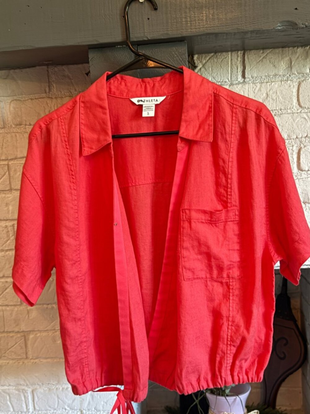 Athleta Playa Tie Top Linen Coral Cropped Short Sleeve Shirt Large